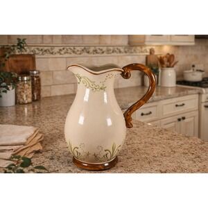 Vintage Ceramic Pitcher Cream Floral Green Brown Handle Holiday Petaluma
